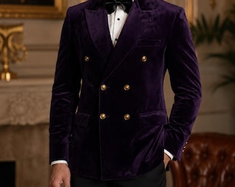 Plum Purple Velvet Tuxedo for Men, Double Breasted Dinner Jacket, Luxury Wedding Formalwear