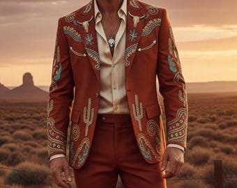 Embroidered Western Suit | Rust Cowboy Wedding Outfit