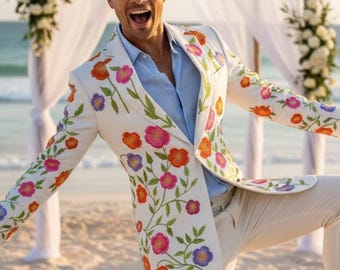Floral Embroidered Wedding Suit – Minimalist Beach Groom Blazer