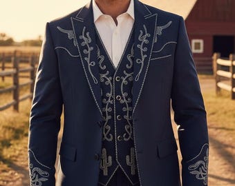 Navy Cowboy Groom Suit | Western Wedding Tuxedo with Cactus Embroidery