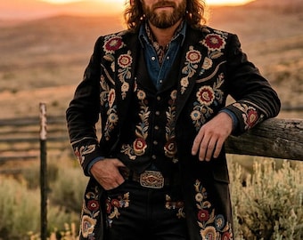 Classic black Embroidered Suit: Western Wedding Blazer, Handmade Outfit for men