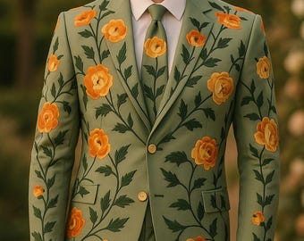 Sage Green Embroidered Floral Suit: Handmade Boho Wedding Outfit