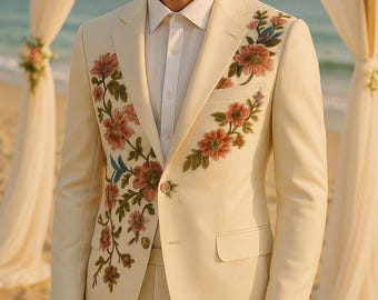 Handmade Cream Floral Embroidered Men's Suit: Wedding Groom Tuxedo