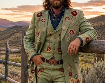 Sage Green Embroidered Suit: Western Wedding Blazer, Handmade Outfit for men