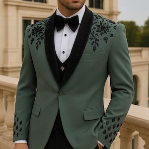 Sage Green Embroidered Tuxedo: Slim Fit 3-Piece Groom Suit