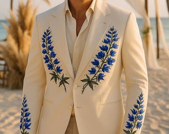 Ivory Floral Embroidered Men's Suit: Boho Wedding Tuxedo
