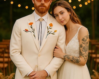 Floral Embroidered Cream Suit – Rustic Wedding Outfit, Boho Groom Suit