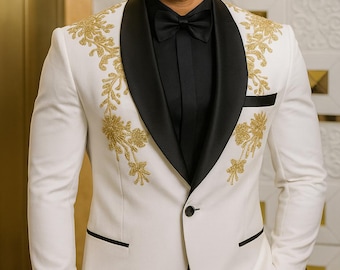 White Tuxedo Jacket – Gold Floral Embroidery, Modern Groom Blazer