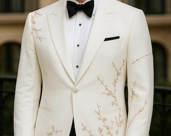 Cream Tuxedo – Golden Floral Embroidery, Luxury Wedding Suit