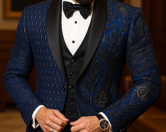 Embroidered Midnight Blue Tuxedo Suit: Black Tie Reception Blazer