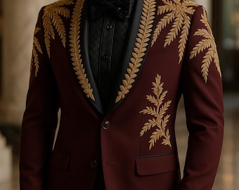 Burgundy Tuxedo Jacket - Gold Leaf Embroidery, Handmade Dinner Suit