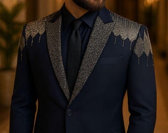 Navy Blue Suit: Silver Embroidered Luxury Wedding Tuxedo