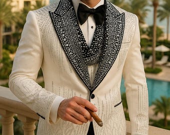 White Crystal Stone Lapel Tuxedo - Designer Wedding Suit