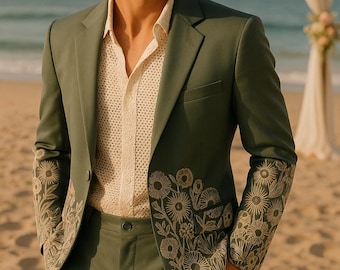 Sage Green Embroidered Suit: Floral Wedding Tuxedo, Handmade Blazer Set