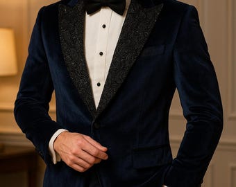 Midnight Blue Velvet Tuxedo: Embroidered Lapel, Slim Fit Groom Suit