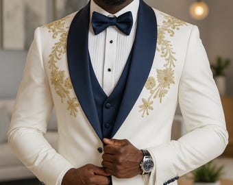 Gold Embroidered White Tuxedo | 3-Piece Navy Shawl Lapel Suit