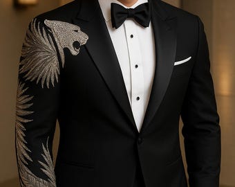 Embroidered Panther Tuxedo Blazer: Metallic Party Suit