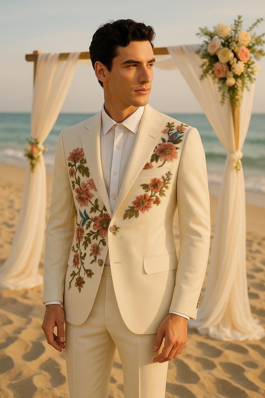 Handmade Cream Floral Embroidered Men display picture 1