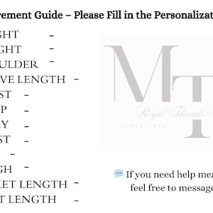May include: A white graphic with a measurement guide for clothing, including height, weight, shoulder, sleeve length, chest, bicep, belly, waist, hip, thigh, jacket length, and pant length. The Royal Threads logo is also visible.