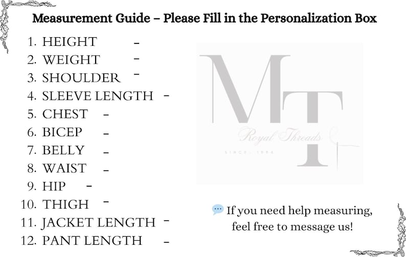 May include: A white graphic with a measurement guide for clothing, including height, weight, shoulder, sleeve length, chest, bicep, belly, waist, hip, thigh, jacket length, and pant length. The Royal Threads logo is also visible.