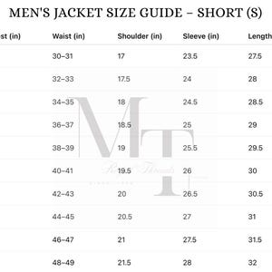 May include: A size guide for men's short jackets, with measurements in inches. The chart includes chest, waist, shoulder, sleeve, and length measurements, along with corresponding sizes from 36S to 54S and height range of 5'4"-5'7".