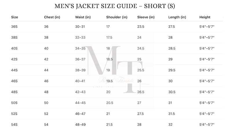 May include: A size guide for men's short jackets, with measurements in inches. The chart includes chest, waist, shoulder, sleeve, and length measurements, along with corresponding sizes from 36S to 54S and height range of 5'4"-5'7".