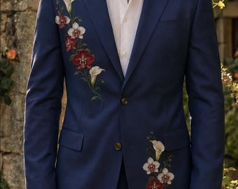 Navy Blue Floral Embroidered Suit: Handmade Wedding Blazer Set