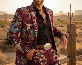 Burgundy Embroidered Cowboy Suit | Western Blazer & Pants