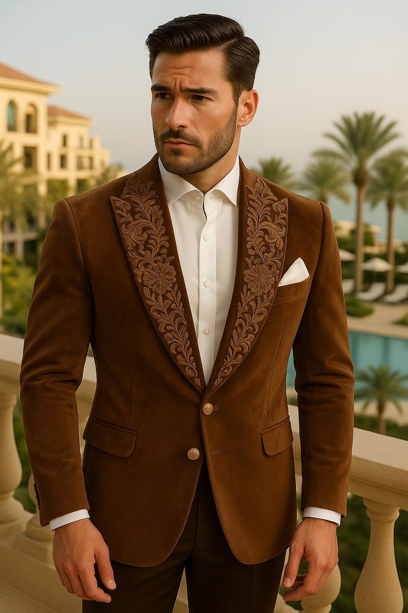 Custom velvet tuxedo in rust with embroidery for weddings