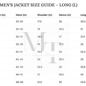 May include: A size guide for men's long jackets, displaying chest, waist, shoulder, sleeve, and length measurements in inches, along with height. Sizes range from 38L to 54L, with corresponding measurements for a tailored fit.