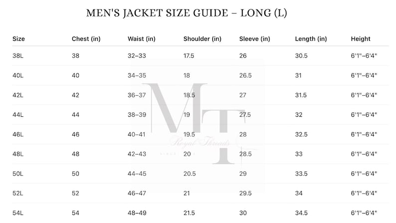 May include: A size guide for men's long jackets, displaying chest, waist, shoulder, sleeve, and length measurements in inches, along with height. Sizes range from 38L to 54L, with corresponding measurements for a tailored fit.