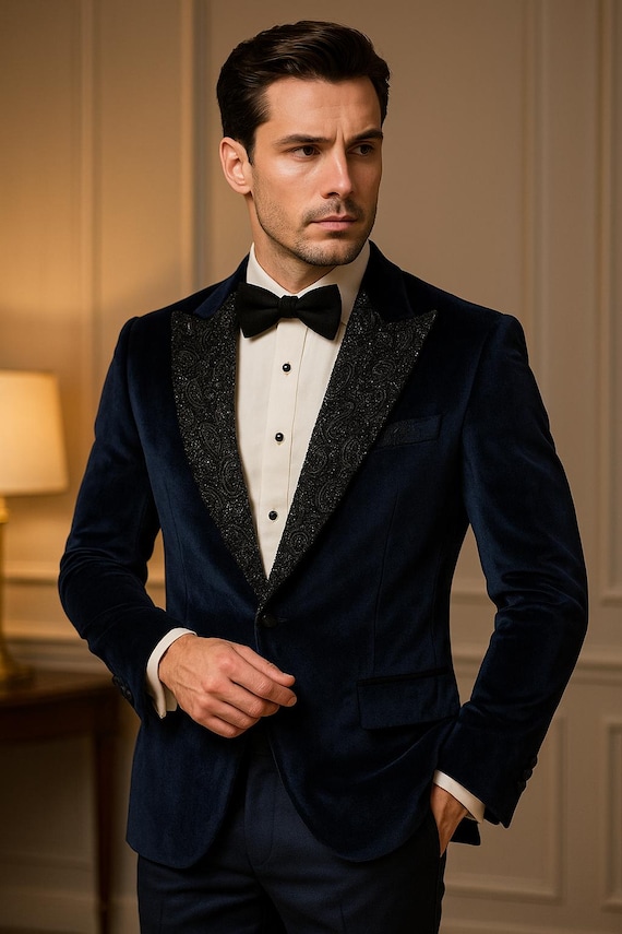 Midnight Blue Velvet Tuxedo: Embroidered Lapel, Slim Fit Groom Suit - Etsy  New Zealand