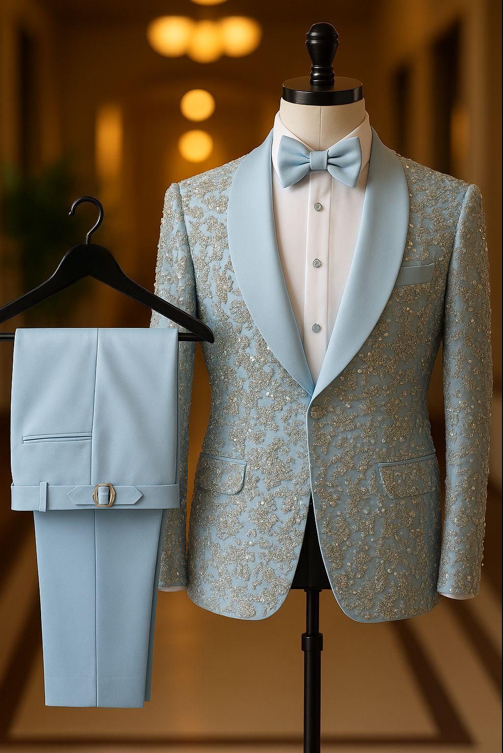 Luxury Light Blue Embroidered Tuxedo: Handcrafted Beaded Shawl Lapel Suit