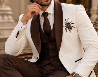 White Embroidered Tuxedo, Brown 3-Piece Suit, Shawl Lapel, Prom Formal Wear