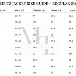 May include: A size guide for men's regular jackets, with measurements in inches. The chart includes chest, waist, shoulder, sleeve, and length measurements, along with height ranges. Sizes range from 36R to 54R.
