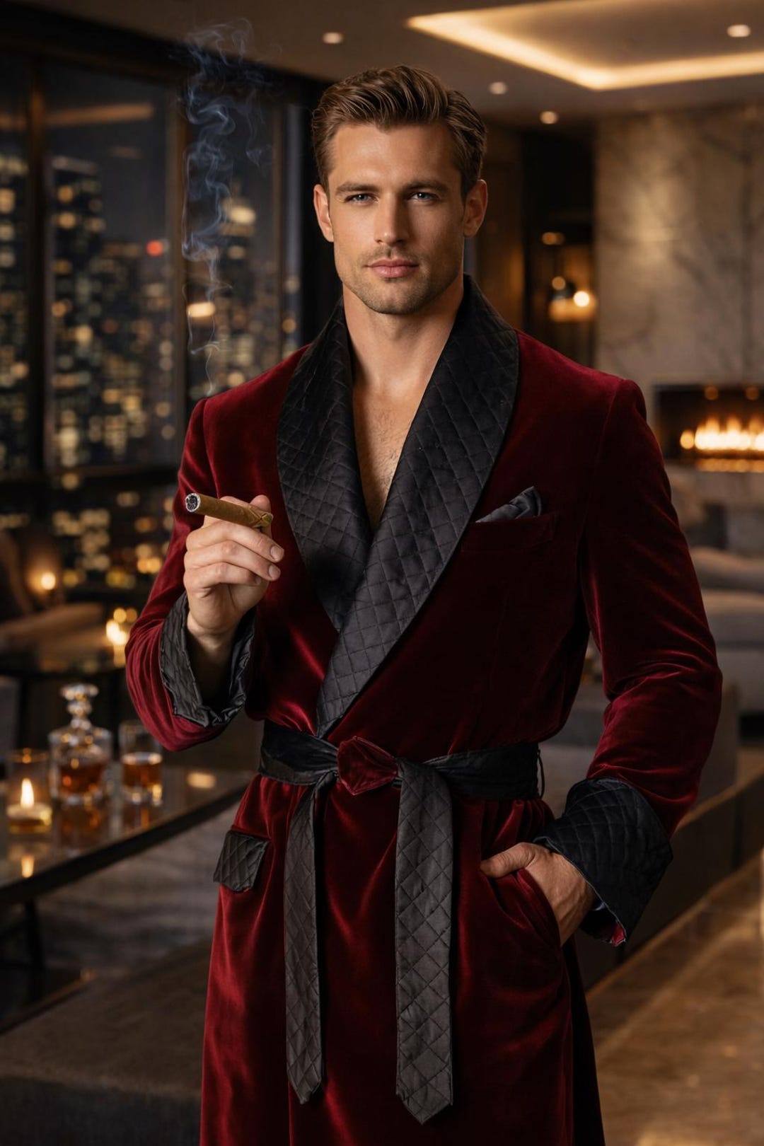 Men Fancy Robe Burgundy Velvet Quilted Robe for Men | Luxury Men’s Loungewear | Plush ...