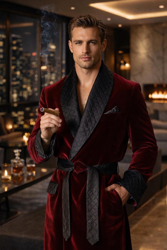 mens burgundy dressing gown Burgundy Velvet Quilted Robe for Men | Luxury Men's Loungewear | Plush Dressing Gown | Elegant Home & Lounge Robe