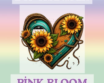 May include: DTF TRANSFER graphic featuring a heart-shaped design with sunflowers and rope accents. The heart has a wooden texture with turquoise and brown elements. The text "PINK BLOOM" is displayed at the bottom.