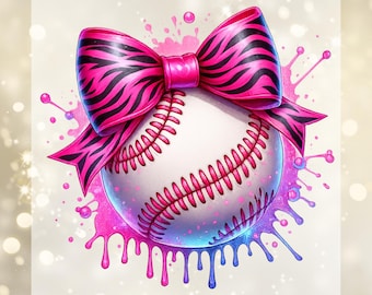May include: A baseball with pink stitching and a vibrant pink bow with black zebra stripes. The design includes pink and blue paint splatters, with the text "DTF TRANSFER" and "PINK BLOOM".