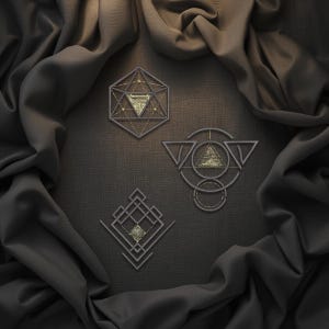 May include: Three geometric design elements with gold and grey accents. The designs include a hexagon, a circle with triangles, and a square with lines. The background is a dark grey textured surface with dark grey fabric.