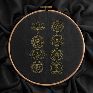 Op de afbeelding: Een zwarte borduurring met goudkleurige chakra-symbolen. De symbolen zijn in een cirkelvormig patroon op de zwarte stof geplaatst. De houten ring houdt de stof strak, wat een aantrekkelijk kunstwerk creëert.