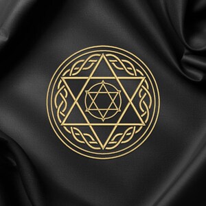 May include: Gold-colored Star of David symbol with intricate Celtic knotwork and a central six-pointed star, set against a black, textured background. The design is circular and detailed, with a focus on geometric patterns.