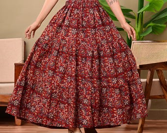 Handmade Indian Block Print Long Skirt for Women, Boho Cotton Maxi Skirt, Elastic Waist Summer Skirt, Hippie Festival Clothing