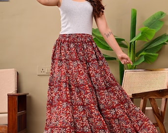 longue jupe imprimée pour femme | longue jupe fleurie | Jupe de plage bohème | Jupe d'été à imprimé block | Jupe à motif bohème