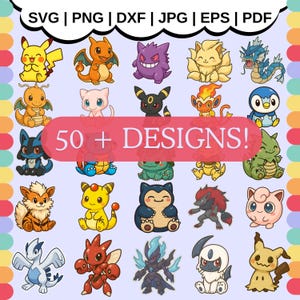 Puede incluir: Una colección de diseños de personajes de dibujos animados coloridos, incluyendo Pikachu, Charmander y Gengar, dispuestos sobre un fondo morado claro. La imagen incluye el texto "50 + DESIGNS!" y opciones de tipo de archivo: SVG, PNG, DXF, JPG, EPS y PDF.