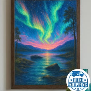 Northern Lights Landscape Pastel-Style Poster - Aurora Borealis Wall Art Decor, Van Gogh-Style Night Sky Painting, Nature Print for Home