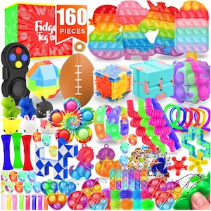 May include: A colorful collection of fidget toys, including pop-its, fidget spinners, and puzzle cubes. The set includes a variety of shapes and sizes, with a total of 160 pieces. The toys are in various colors, including rainbow, blue, green, and yellow.