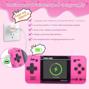 May include: A pink handheld games console with a black screen showing a charging symbol. The console has a D-pad, buttons, and the text "FAMILY GAME". A charger is plugged in, and the text "P30-S16" is visible.