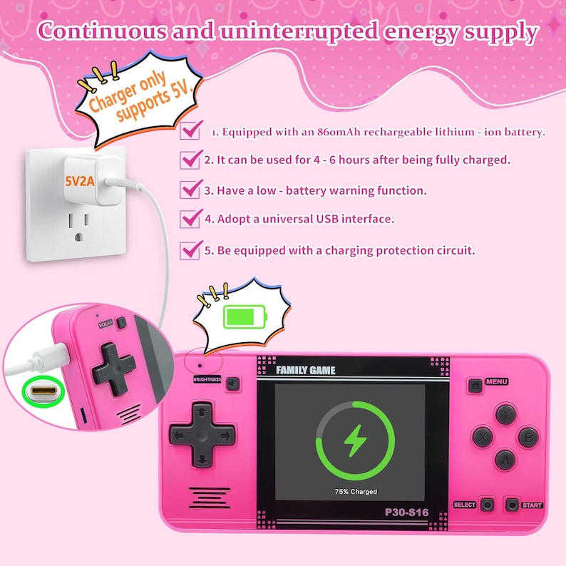 May include: A pink handheld games console with a black screen showing a charging symbol. The console has a D-pad, buttons, and the text "FAMILY GAME". A charger is plugged in, and the text "P30-S16" is visible.