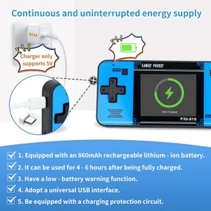 May include: A blue handheld gaming console with a black screen showing a charging icon. The console features a D-pad and buttons, with the text "FAMILY POCKET". The image also shows a charger and text that says "Continuous and uninterrupted energy supply".